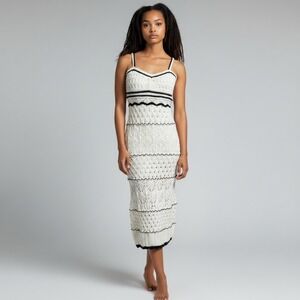 RIHOAS Crochet Knit Midi Dress Sz L New Cream Striped Boho Chic Coastal Festival